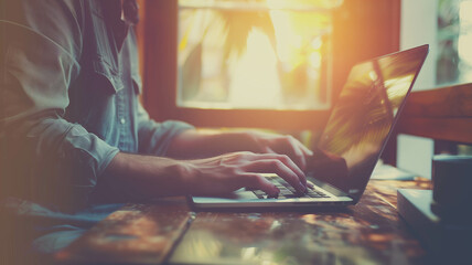 A man in a casual outfit works on a laptop in his office, filtered with vintage tones, retro workspace. Ai generated