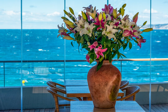 Pot de fleurs sur une terrasse avec vue sur mer