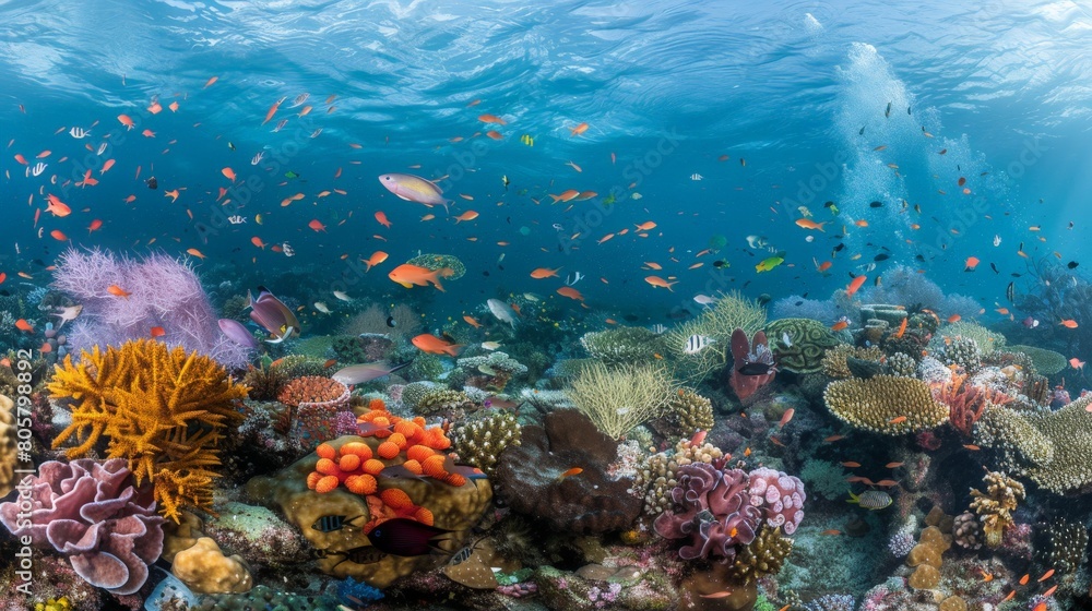 Wall mural A vibrant coral reef teeming with diverse marine life underwater