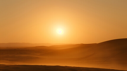 Radiant sunset over a barren desert landscape. Empty copy space for silhouette dance. Generative AI