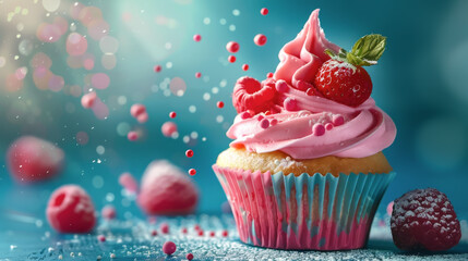 Cupcakes for party and celebration background with colorful sprinkles, bokeh and a sparkler.