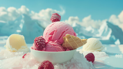 Ice cream with raspberries in ice cream bowl with snow mountain background. Summer and sweet menu...
