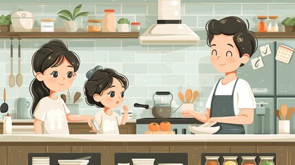 A family is cooking together in a kitchen with many kitchen utensils.