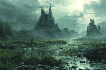 concept of justice in a fantastical marsh landscape - obrazy, fototapety, plakaty