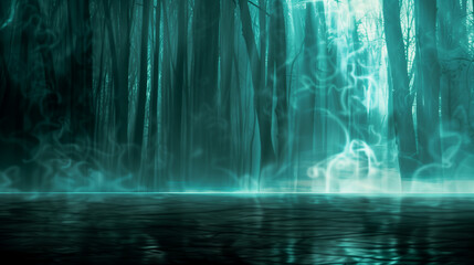 Mystical teal forest with ethereal mist and eerie ambiance. Empty copy space.  Generative AI