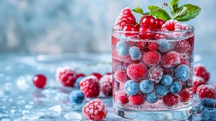   A glass brimming with raspberries and blueberries rests beside a mound of ripe raspberries on the...