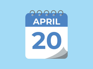 April 20 calendar reminder. 20 April daily calendar icon template. Calendar 20 April icon Design template. Vector illustration
