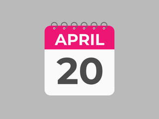 April 20 calendar reminder. 20 April daily calendar icon template. Calendar 20 April icon Design template. Vector illustration
