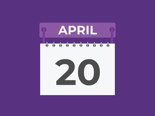 April 20 calendar reminder. 20 April daily calendar icon template. Calendar 20 April icon Design template. Vector illustration
