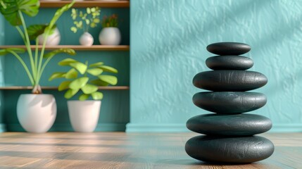   A stack of rocks on a hardwood floor beside a potted plant on a shelf