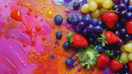 fruits background with strawberries and grapes and apple swimming in the water abstract fruits background ultra hd 
