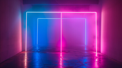 Neon light installation in an abstract indoor setting. Empty copy space.  Generative AI