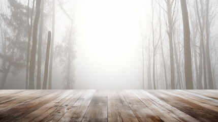 Misty forest landscape with wooden plank flooring. Empty copy space.  Generative AI