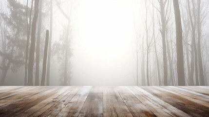 Fototapeta premium Misty forest landscape with wooden plank flooring. Empty copy space. Generative AI
