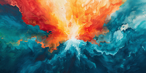 A painting of a colorful explosion with a bright orange sun in the center