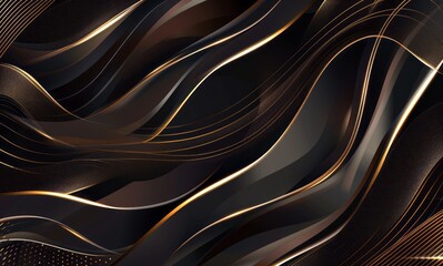 Fototapeta premium Abstract background with golden lines and wavy shapes on dark brown, luxurious design element for presentation or social media banner template