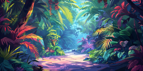 Fantasy Mysterious Tropical Forest Landscape Background Panorama Concept Drawing image HD Print Neo Game Art V11 18