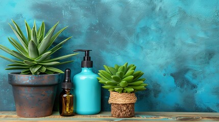   A potted plant next to a bottle of lotion and a soap dispenser on the table