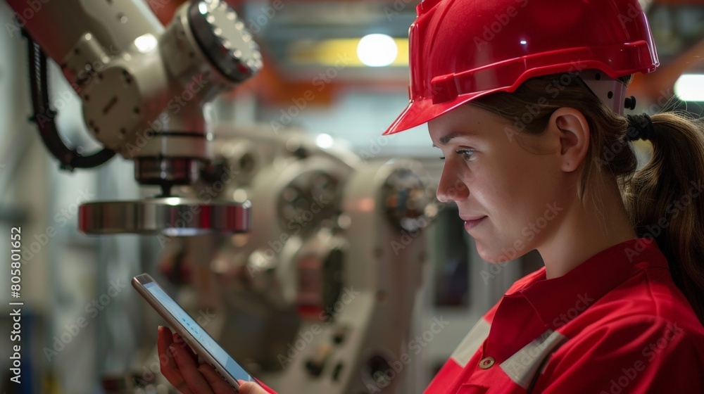 Wall mural a female engineer in a red hard hat programming an industrial robot arm via a tablet