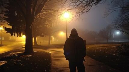 Duplicated photo of myself standing under a streetlight on a foggy night AI generated - obrazy, fototapety, plakaty