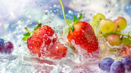 fruits background with strawberries and grapes and apple swimming in the water abstract fruits background ultra hd 
