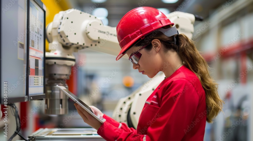 Wall mural a female engineer in a red hard hat programming an industrial robot arm via a tablet