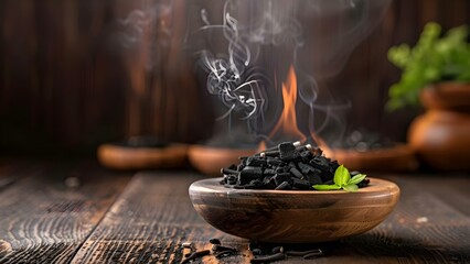 Wooden table with burning charcoal and aromatic incense for energetic cleaning. Concept Energetic Cleansing, Wooden Table, Burning Charcoal, Aromatic Incense, Positive Energy