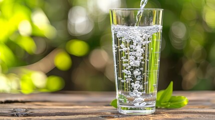   A glass of water on a wooden table, nearby stands a green, leafy tree filled with its own water
