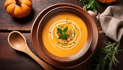 Creamy acorn squash soup served in a rustic ceramic bowl, garnished with a drizzle of balsamic glaze and a sprinkle of fresh sage