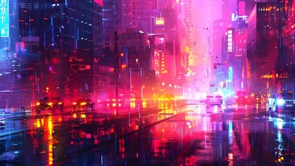 Fototapeta premium Digital glitch art with cyberpunk and retro futurism aesthetic in neon colors. Concept Digital Glitch Art, Cyberpunk, Retro Futurism, Neon Colors