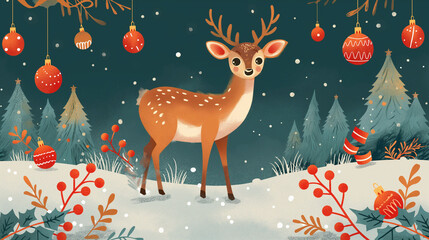 Fototapeta premium Christmas and New Year greeting card with deer, balls, confetti, ribbons and trees.