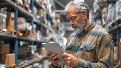 Middleaged man in warehouse uses tablet to check goods and statements. Concept Warehouse Management, Middle-aged Man, Tablet Usage, Checking Goods, Statements Review