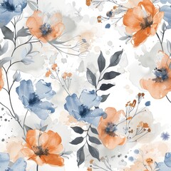 seamless pattern watercolor  blue and orange flowers on white background.
