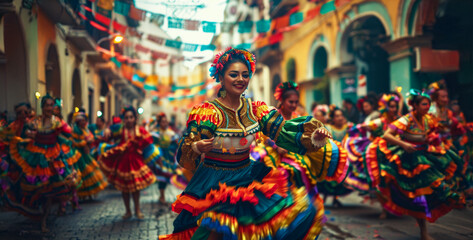 A group of women are dancing in a parade, wearing colorful costumes