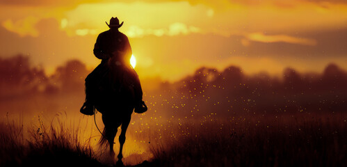 A cowboy riding a horse through a field at sunset