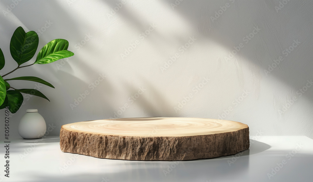 Poster a large log sits on a table in front of a plant. the log is the centerpiece of the scene, and the pl
