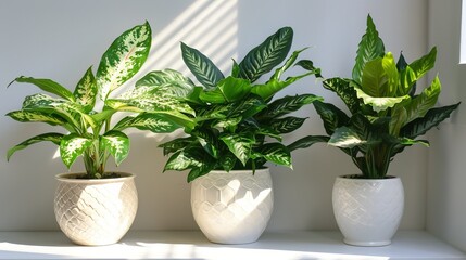   Three potted plants arranged together on a white shelf by a window