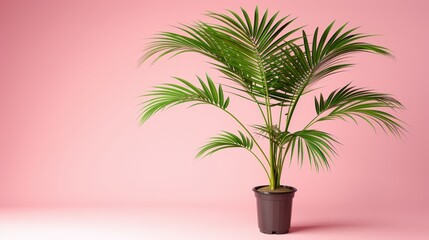 Obraz premium A palm tree in a black pot against a pink background Behind it, two pink walls
