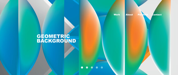 A symmetrical pattern of circles in water, azure, blue, and electric blue on a white background. The circles create a harmonious organism with a font of aqua and orange