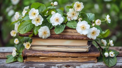   A stack of books atop a wooden table, flowers emerging from their summit