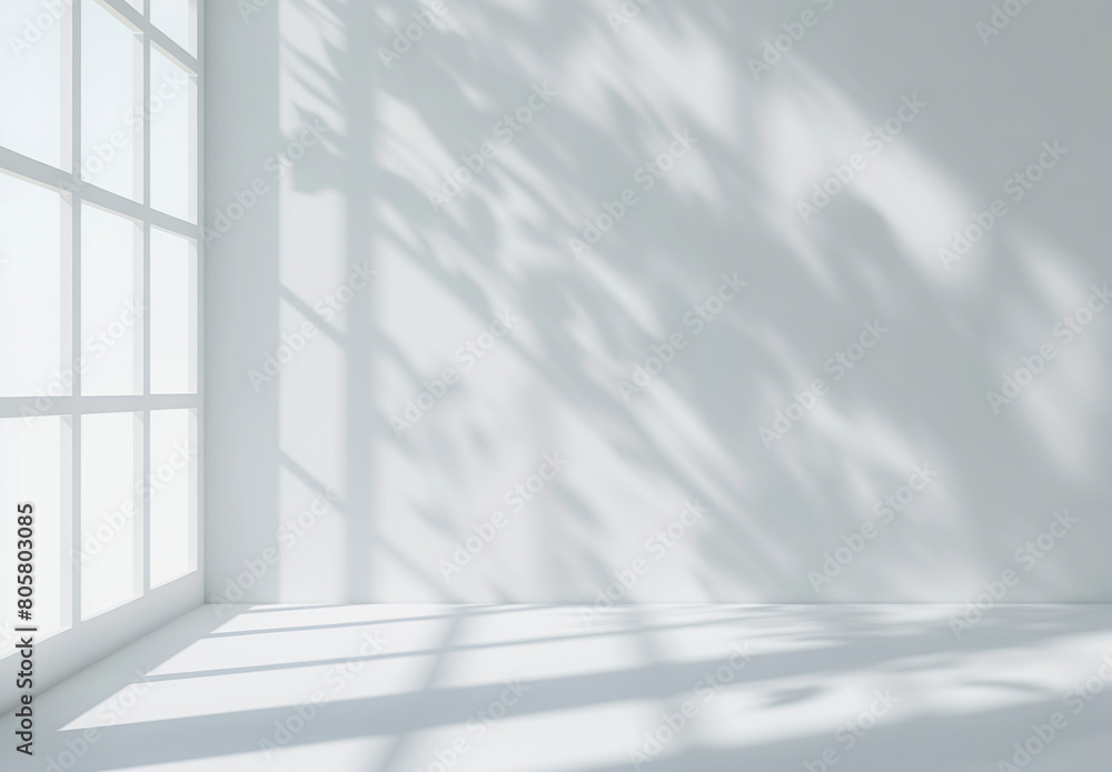 Poster a white room with a window and a wall. the room is empty and has a very clean and simple look