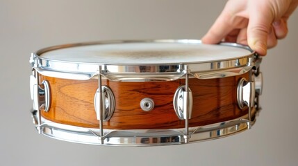 Obraz premium A tight shot of a hand gripping a wooden and metallic snare above a drum