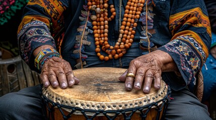   A tight shot of hands resting atop a drum adorned with beaded necklaces
