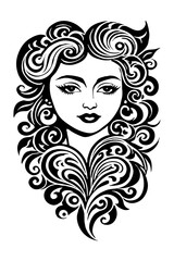 Fictional female character. Black and white pattern. For use on tattoos, posters, textiles and T-shirt prints. Generated by Ai