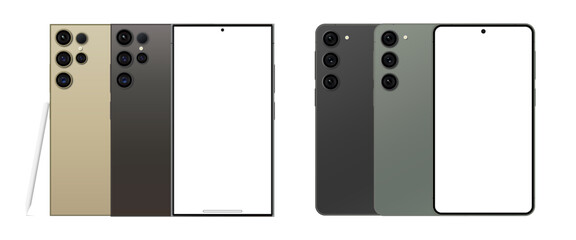 Samsung Galaxy S23, and S24 Ultra in two luxury colors. Smartphone mock up isolated on transparent background. Realistic mock up.