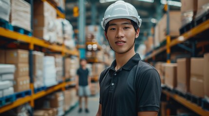 Young professional Asian man wearing a white polo shirt and white hard hat. He seems to be happily working. in the packaging factory Wearing a white helmet indicates safety.