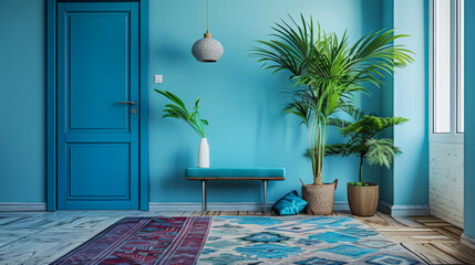 Stylish modern interiors in vibrant turquoise color. Minimalist interiors design.