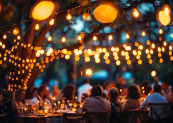 Outdoor Evening Event with Festive String Lights and Guests Dining