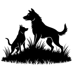 two-dog-are-playing-on-the-grass-vector-silhouette
