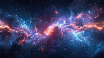 Naklejka premium The image shows a colorful nebula with a bright center and long, swirling arms. The colors are vibrant and saturated, and the nebula appears to be in motion.